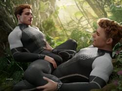 appasart bulge bulge_through_clothing caucasian caucasian_male finnick_odair fully_clothed gay ginger ginger_hair hunger_games in_character jumpsuit jungle lying_on_back lying_on_ground male male/male male_only muscles muscular muscular_male nipple_bulge on_top on_top_of_another peeta_mellark realistic sitting_on_lap sitting_on_person sitting_on_top the_hunger_games tight_clothing