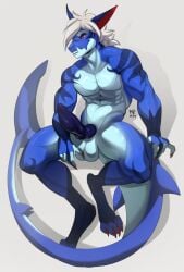 2023 abs anthro balls biped blue_body claws digital_drawing_(artwork) digital_media_(artwork) dragon erection fin finger_claws fingers genitals hair hi_res knot looking_at_viewer male male_only maxraiden multicolored_body muscular muscular_anthro muscular_male scalie simple_background solo tail toe_claws two_tone_body white_background