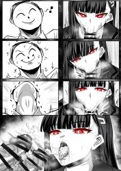 1boy 1girls :>= arona's_sensei_doodle_(blue_archive) artist_request blowjob blowjob_face blue_archive bright_pupils censor_bar censored cum cum_in_mouth cum_inside emotionless expressionless fellatio female glowing_eyes male millennium_science_school_student oral red_eyes rio_(blue_archive) semen seminar_(blue_archive) sensei_(blue_archive) white_pupils