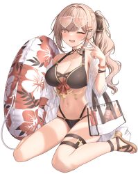 ;d amber_eyes bag bare_shoulders bikini blush bracelet breasts brown_bikini brown_hair choker cleavage commentary_request eyewear_on_head female hair_ornament heart heart-shaped_eyewear highres imouto-chan_(monaka_curl) innertube jewelry large_breasts long_hair looking_at_viewer monaka_curl navel necklace one_eye_closed open_mouth original side_ponytail simple_background sitting smile solo stomach sunglasses swimsuit thigh_strap thighs wariza white_background