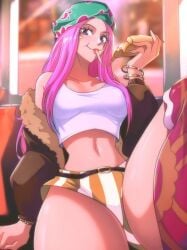 aged_up big_breasts eating female female_only jewelry_bonney one_piece opalisart pink_eyes pink_hair pizza purple_eyes seductive tagme thick_thighs