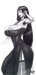 albatross_(artist) futa_only futanari futanari gigantic_penis hourglass_figure huge_ass huge_breasts huge_cock looking_at_viewer monochrome penis_under_clothes penis_under_dress semi-erect solo_futa thick_thighs thighhighs