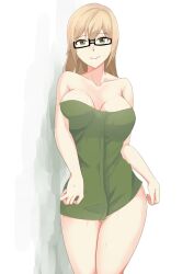 1girls big_breasts breasts eyebrows_visible_through_hair glasses hourglass_figure long_hair nez-3 simple_background thick_thighs thighs towel towel_only white_background