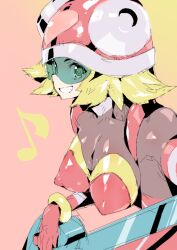 1girls blonde_hair bodysuit breasts female female_only green-tinted_eyewear harp_note helmet mega_man mega_man_star_force nipple_bulge nipples petitdry solo sonia_strumm tinted_eyewear visor