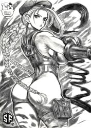 1girls artist_logo ass beret braid breasts cammy_white camouflage capcom greyscale leotard looking_at_viewer looking_back monochrome pencil_(artwork) skidrow solo street_fighter traditional_media twin_braids