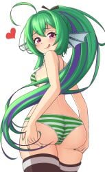 1girls :p absurdres ahoge ass ass_focus ass_grab back bare_shoulders booty bra breasts butt_crack cleft_of_venus female female_only finana_ryugu fins from_behind grabbing grabbing_own_ass green_hair green_nails hair_tie heart highres huge_ass light-skinned_female light_skin long_hair looking_at_viewer looking_back mizmillificent multicolored_clothes multicolored_hair multicolored_panties nijisanji nijisanji_en no_pants panties partially_undressed ponytail purple_eyes sideboob solo standing striped striped_panties thighhighs tongue tongue_out underwear virtual_youtuber