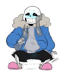 animated_skeleton blue_blush blue_hoodie blue_jacket blush chubby clothed disembodied_hands drooling grabbing_arm grabbing_face heart-shaped_pupils hooded_jacket hoodie jacket ksuriuri monster sans sans_(undertale) shortsnas sitting skeleton solo_focus stained_clothes submissive undead undertale undertale_(series) white_background