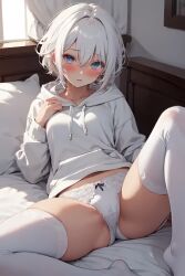 ai_generated bed hoodie imouto lying panties short_hair spread_legs thighhighs white_hair