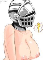 bare_shoulders big_breasts breasts confused helmet knight medieval_armor medieval_armour nez-3 nipples no_bra scar scar_on_arm scar_on_breasts simple_background visor white_background