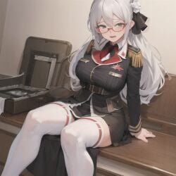 ai_generated bashful big_breasts blush glasses nemus_waifu_generator soldier stockings uniform white_hair