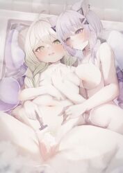 2girls bath bathroom braid breasts cat_ears catgirl evaiyu female_only green_eyes green_hair laimu multiple_girls nude partially_visible_vulva pubic_hair purple_eyes shaving shaving_another shaving_pussy spread_legs squchan_(vtuber) tentacle tentacles virtual_youtuber vyugen white_hair yuri