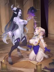 2girls barbell_piercing big_breasts black_hair blizzard_entertainment blonde_hair draenei hypnosis kate_starling kneeling lainuura_(solinii) lightforged_draenei multiple_girls nipple_piercing nude original_character piercing pubic_hair pussy violet_eyes void_corruption_(warcraft) vrelya warcraft world_of_warcraft