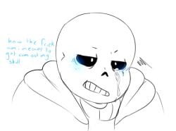 2015 animated_skeleton blue_blush blush cum cum_in_eye english_text hooded_jacket hoodie jacket monochrome monster sans sans_(undertale) skeleton solo_focus suckmytrombone text undead undertale undertale_(series) white_background