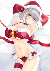 1girls armpits arms_behind_head bare_shoulders bed_sheet bell bikini braid breasts choker christmas cleavage front-tie_bikini front-tie_top fur_trim green_eyes grey_hair hololive hololive_fantasy hololive_japan large_breasts looking_at_viewer navel official_alternate_costume red_bikini red_gloves red_ribbon santa_bikini santa_hat shirogane_noel short_hair sidelocks spaghetti_strap swimsuit teltelhousi virtual_youtuber