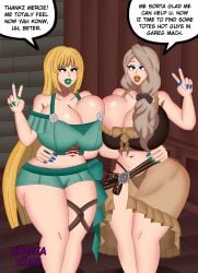 2girls alternate_costume alternate_hairstyle arm_around_waist asymmetrical_docking bare_shoulders bikini bimbo bimbofication blonde_hair blue_eyes blue_eyeshadow blue_nails breast_expansion breast_press brown_bikini brown_hair brown_swimsuit cleavage english english_text eyeshadow female female_only fire_emblem fire_emblem:_three_houses fire_emblem_heroes gigantic_breasts green_bikini green_eyeshadow green_lips green_lipstick green_nails green_swimsuit hair_over_shoulder hair_ribbon hinata-hime hug indoors ingrid_brandl_galatea ingrid_brandl_galatea_(summer) light-skinned_female light_skin light_skinned_female lips lipstick long_hair long_nails makeup mercedes_von_martritz mercedes_von_martritz_(summer) nail_polish navel nintendo official_alternate_costume orange_lips orange_lipstick sarong see-through side_ponytail smile speech_bubble swimsuit text thick_lips thick_thighs v very_long_hair wide_hips