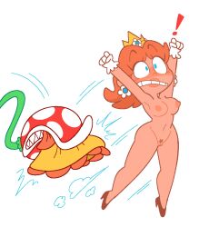 1girls arms_up blue_eyes blush breasts crown dress earrings embarrassed embarrassed_nude_female enf female gloves goopabloopa high_heels lipstick mario_(series) nude piranha_plant princess_daisy pubic_hair pussy torn_clothes undressing_another white_background