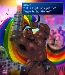 animasanimus armpit_hair armpits balls bara barret_wallace beard black_hair body_hair bulge dark-skinned_male dark_skin facial_hair final_fantasy final_fantasy_vii flag lgbt_pride male male_only muscles muscular penis pride_flag prosthetic_arm solo solo_male sweat sweating text_box