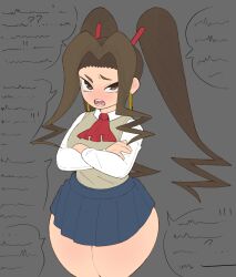 1girls 2023 arms_crossed blue_skirt bottom_heavy brown_hair female fully_clothed grey_background long_hair original original_character school_uniform schoolgirl shortstack simple_background skirt solo talking talking_to_viewer thick_thighs twintails vammzu very_long_hair