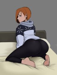 1girls ass barefoot big_ass feet female hoodie jujutsu_kaisen kugisaki_nobara lolotron6 on_bed on_knees orange_hair short_hair smile yoga_pants