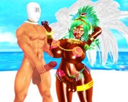 3d alternate_skin_color bimbo bimbo_futanari bimbofication corruption dark_skin ebonization futanari ganguro gyaru male_on_futa mead_(artist) penis pink_hair prostitution pussy queen_of_spades race_swap standing tanned touhou transformation yuka_kazami