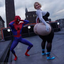 ai_generated big_ass big_butt blonde_hair looking_at_viewer male marvel marvel_comics pale_skin shocked_expression short_hair small_breasts smiling spider-gwen_(cosplay) spider-man spider-man:_across_the_spider-verse spider-man:_into_the_spider-verse spider-man_(series) stable_diffusion sweetai thick_thighs tight_clothing