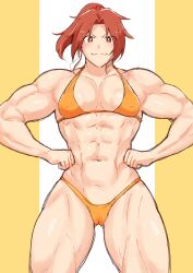 1girls abs absurd_res biceps bikini bodybuilding_bikini breasts brown_hair cameltoe female flexing grin hands_on_hips harurukan hi_res large_breasts looking_at_viewer midriff muscular muscular_arms muscular_female muscular_male navel nipple_bulge orange_bikini original ponytail pose red_eyes red_hair short_hair simple_background small_breasts smile solo standing stomach swimsuit thick_thighs thighs