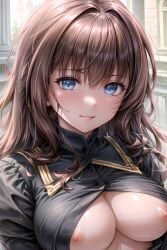 ai_generated areola_slip assault_lily assault_lily_bouquet bangs black_shirt blue_eyes blush breasts brown_hair cleavage closed_mouth edosynf female hair_intakes highres indoors kaede_johan_nouvel large_breasts lips long_hair looking_at_viewer medium_breasts nipple_slip nipples no_bra open_clothes open_shirt shirt smile solo tears underboob uniform upper_body