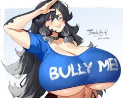 1girls au_ra black_hair breasts crop_top english_text female final_fantasy final_fantasy_xiv horns huge_breasts instructional_clothing light-skinned_female light_skin long_hair lulu-chan92 massive_breasts original_character scales solo text_on_clothing