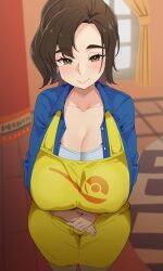 1girls 2023 alternate_breast_size apron big_breasts breasts brown_hair busty cleavage curvaceous curvy curvy_body curvy_female curvy_figure female game_freak highg_nitro huge_breasts large_breasts looking_at_viewer milf mother mother_(pokemon_sv) nintendo pokemon pokemon_(game) pokemon_sv smile smiling solo voluptuous