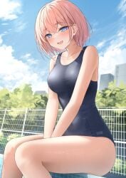 :d bare_arms bare_shoulders blue_eyes blue_one-piece_swimsuit blue_sky blush breasts collarbone commentary_request crossed_bangs feet_out_of_frame female highres koakuma-chan_(monaka_curl) large_breasts looking_at_viewer monaka_curl oerba_yun_fang one-piece_swimsuit open_mouth original outdoors pink_hair short_hair sitting skin_fang sky smile solo swimsuit thighs wet