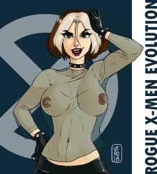 1girls artist_name big_breasts big_nipples black_gloves breasts eyelashes female female_only gloves green_eyes hair_between_eyes lipstick looking_at_viewer marvel marvel_comics mouth_open multicolored_hair purple_lipstick rogue_(evolution) rogue_(x-men) see-through_clothing short_hair slim_waist solo solo_female studded_collar teeth_showing theartofvero x-men x-men_evolution