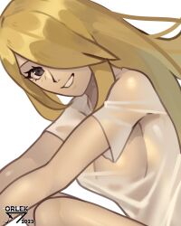 blonde_hair breasts cynthia_(pokemon) female female_only game_freak hair_over_one_eye nintendo orlek pokemon see-through_clothing smile solo transparent_clothing