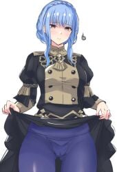 1girls absurdres ass_visible_through_thighs blue_hair blue_pants blush braid breasts brown_eyes cameltoe closed_mouth clothes_lift crown_braid embarrassed female female_only fire_emblem fire_emblem:_three_houses garreg_mach_monastery_uniform highres large_breasts latte_daruta2 lifted_by_self long_hair long_sleeves marianne_von_edmund medium_breasts nintendo panties pants pantyhose pantylines puffy_sleeves see-through see-through_clothing simple_background skirt skirt_lift solo sweatdrop thighs underwear uniform upskirt visible_underwear