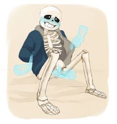 2016 animated_skeleton arms_behind_back blue_blush blue_hoodie blue_jacket blush bottomless cheztnuts disembodied_hand disembodied_hands drooling groping hands_behind_back hooded_jacket hoodie hoodie_only monster sans sans_(undertale) simple_background sitting skeleton undead undertale undertale_(series)