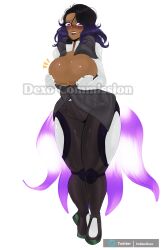 blush clothed clothing dark_skin drifter_(warframe) female female_only heterochromia ladydexo_(artist) large_breasts multicolored_hair multiple_tails original_character purple_eyes solo solo_female thighs wardrobe_malfunction warframe watermark wide_hips