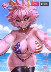 1girls absurd_res aestheticc-meme american_flag_bikini ashido_mina bikini boku_no_hero_academia breasts cleavage female hi_res hips huge_breasts mina_ashido my_hero_academia naughty_face outdoors pink_body pink_hair pink_skin thick_thighs thighs voluptuous wide_hips