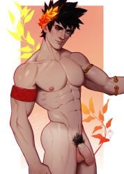 1boy armlet ass bara black_hair black_hair_bottom black_sclera closed_mouth colored_sclera domination foxbravo green_eyes hades_(game) heterochromia large_pectorals laurel_crown light_hair_on_dark_hair male_focus male_only male_pubic_hair muscular muscular_male nude pectorals penis pubic_hair red_eyes short_hair solo testicles white_hair white_hair_on_black_hair white_hair_top zagreus