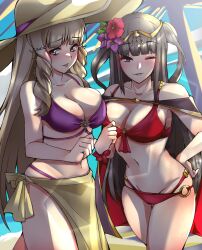 1340smile 2girls alternate_costume bikini breasts female female_only fire_emblem fire_emblem_awakening fire_emblem_heroes multiple_girls nintendo official_alternate_costume purple_bikini purple_swimsuit red_bikini red_swimsuit sumia_(fire_emblem) swimsuit tharja_(fire_emblem) tharja_(summer)_(fire_emblem)