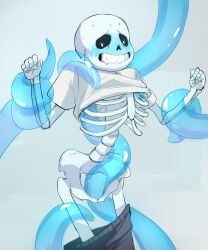 2016 animated_skeleton blue_blush blue_tentacles blush cheztnuts drooling monster pants_down pants_pulled_down sans sans_(undertale) shirt_pulled_up shirt_up simple_background skeleton solo_focus sweat tentacle tentacles_around_arms undead undertale undertale_(series)