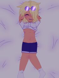 bangs_over_one_eye belly belly_button big_hips blonde_hair blonde_hair_male blush breasts breasts_out cat_socks chest clothing dark-skinned_male dark_skin earrings elf_ears elf_male femboy freckles freckles_on_face girly hands_behind_head laughing lifted_shirt messy_hair myau nipples original_character purple_blush purple_glasses purple_nipples senya shorts sweat_on_forehead tummy watermark white_blanket