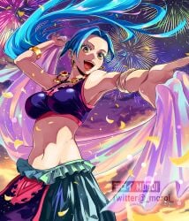1girls 2d alabasta artist_name belly_dancer belly_dancer_outfit blue_hair crop_top female female_only harem_girl harem_outfit large_breasts lipstick long_hair looking_at_viewer midriff moroi moroi_(artist) nefertari_vivi no_sex one_piece open_mouth red_lipstick royalty smile smiling_at_viewer solo