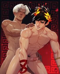 2boys abs anal_sex bara black_hair canon_couple completely_nude dark-skinned_male dark_skin erection foxbravo gay green_eyes grey_hair hades_(game) heterochromia highres large_pectorals looking_at_another male_focus male_only male_pubic_hair multiple_boys muscular muscular_male navel nipples nude nude_male pectorals penis pubic_hair red_eyes sex sex_from_behind short_hair smile testicles thanatos_(hades) yaoi zagreus