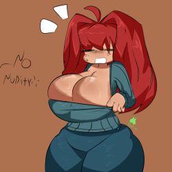 big_breasts castinly clothing dialogue long_hair massive_breasts momma_j(neo_hajime) shocked_expression simple_background squish sweat thick_thighs wide_hips