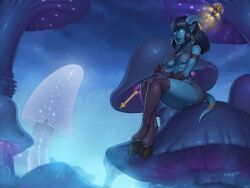 1girls blizzard_entertainment blue_hair blue_skin detailed_background dr_graevling draenei female original_character see-through see-through_clothing sitting solo stockings vyssele warcraft world_of_warcraft