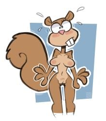 areolae artist_signature blush breasts buckteeth embarrassed embarrassed_nude_female enf naked nastrovert navel nipples nude pussy sandy_cheeks simple_background spongebob_squarepants squirrel sweatdrop tail