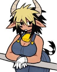 2d 2d_(artwork) 2d_artwork artist_name big_breasts black_hair blonde_hair breasts cathyl_(monster_musume) cleavage clothed clothed_female clothing cow_ears cow_girl cow_horns cow_print cow_tail cowbell cowgirl happy happy_female hira.shotgun looking_to_the_side monster_musume_no_iru_nichijou multicolored_hair overalls smile smiling smiling_female tan-skinned_female tan_body tan_skin twitter_username unique_style