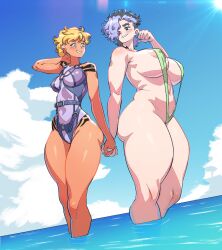 2girls areola_slip big_breasts black_hair blonde_hair blush breasts dark-skinned_female dark_skin earrings eyebrow_piercing female female_only green_eyes grin hair_over_one_eye hand_holding hi_res jagua_tales kiara_diaz large_thighs legs_in_water light-skinned_female light_skin looking_at_each_other mesiasart nipple_bulge purple_hair sea short_hair slightly_chubby sling_bikini slingshot_swimsuit smiling smiling_at_each_other swimsuit tania_serrata tattoo tattoos thick_ass thick_thighs two_tone_hair wide_hips