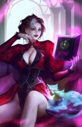 comission exposed_breasts eyeshadow lerapi lipstick looking_at_viewer magic older_female two_tone_hair