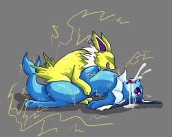 anal anal_sex big_penis blue_body bodily_fluids bulge crying cum cum_drip cum_in_ass cum_inside cum_on_face dripping duo eeveelution ejaculation electricity eyeless female feral forced generation_1_pokemon genital_fluids genitals hi_res jolteon male male/female nintendo pain penetration penis pokemon pokemon_(species) rape sex tears vaporeon yellow_body