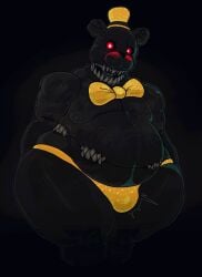 2025 anthro badaboomey bear belly belly_mouth black_background black_body black_fur bow_tie clothed clothing english_description five_nights_at_freddy's five_nights_at_freddy's_4 fur glowing glowing_eyes hat headgear headwear hi_res male mammal multi_teeth nightmare_(fnaf) nightmare_fuel ogilenuj open_mouth overweight overweight_male rear_view red_eyes scottgames sharp_teeth simple_background solo standing teeth thick_thighs thong topless topless_anthro topless_male underwear wide_hips yellow_bow_tie yellow_clothing yellow_hat yellow_headwear yellow_thong yellow_underwear